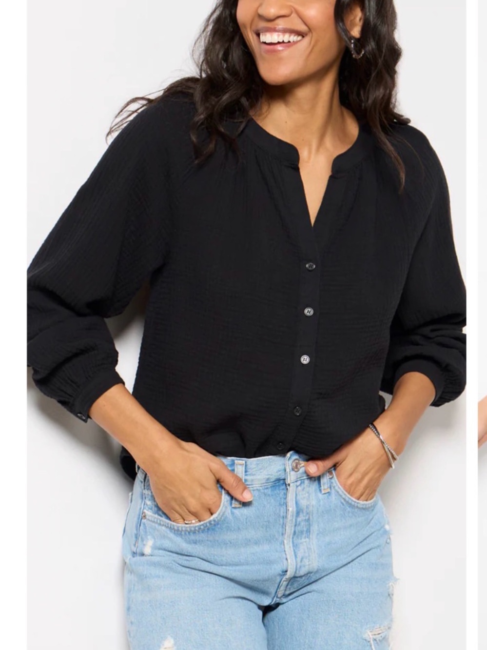 Evereve Black Button-Front Gauze Blouse